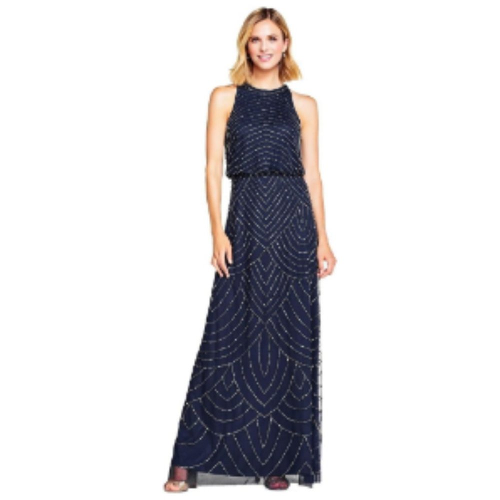 Adrianna Papell Women's Halter Art Deco Beaded Blouson Dress 12 Navy NWT